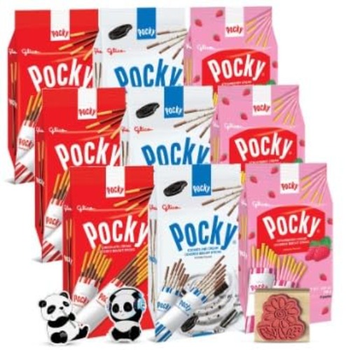 Pocky Sticks Japanese Snacks Pocky Variety Pack of 9 Asian Snacks - Poky Stix Strawberry, Chocolate, Cookies, and Cream Asian Candy by Grateful Grocer