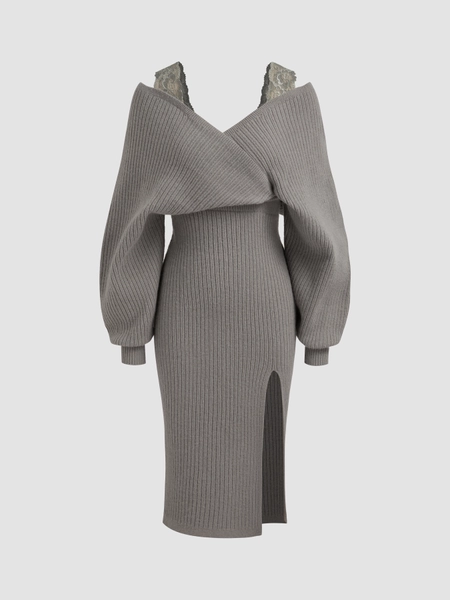 Knit Off-Shoulder Wrap Lace Split Midi Dress