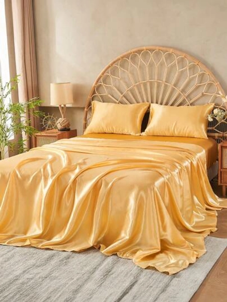 Juego de sábanas ajustadas de satén de 3/4 piezas, ropa de cama, sábanas, cubrecamas, funda de colchón de seda, sábanas ajustadas suaves y cómodas para el dormitorio, sábanas de satén de unicolor, ropa de cama transpirable de bolsillo profundo, estilo minimalista suave y sedoso (1 sábana ajustada + 1 sábana plana + 1/2 fundas de almohada), para cama Queen, King, Twin, Full, lavable a máquina, regalo perfecto para las fiestas