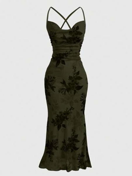 ROMWE Fairycore Women's Floral Print Pleated Drape Design Dress