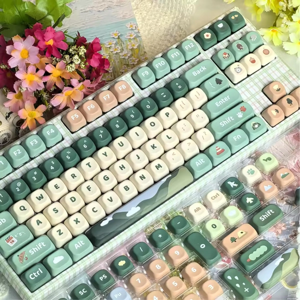 128 Green Keycap Set Outdoor Themed Nature Lovers Hiking Dye Sublimation PBT Keycaps for Mechanical Keyboard MOA Height MX Switch Keycaps