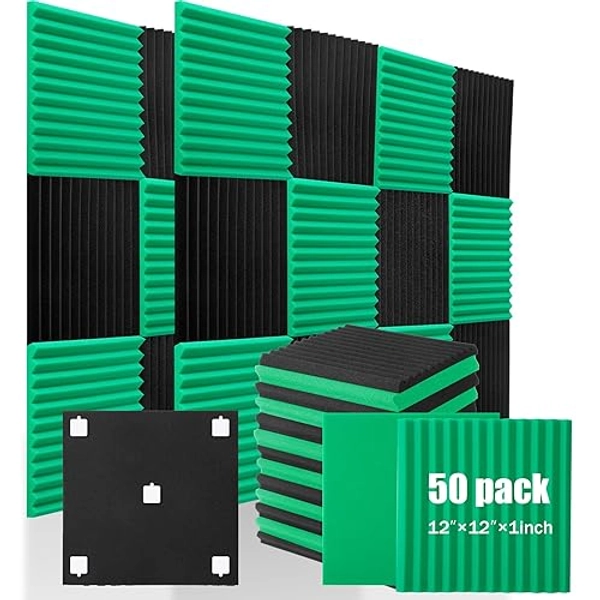 50 Pack Black&Green Acoustic Panels Soundproof Foam for Walls Sound Absorbing Panels Soundproofing Panels Wedge for Home Studio Ceiling, 1" X 12" X 12", Black