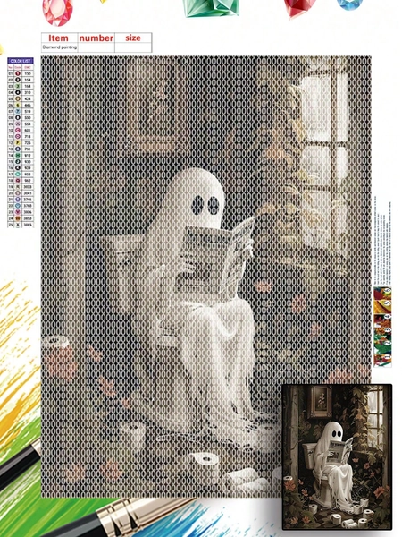 Diamond Painting Artwork Of "Ghost In The Toilet Reading Newspaper" - New DIY Handmade Stress Relief Diamond Sticker Painting, Halloween Theme, Unframed Round Diamond Decor Hanging Picture