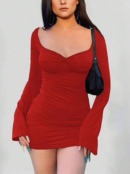 SHEIN SXY Women's Red Pleated Heart Neck Mini Long Sleeve Dress