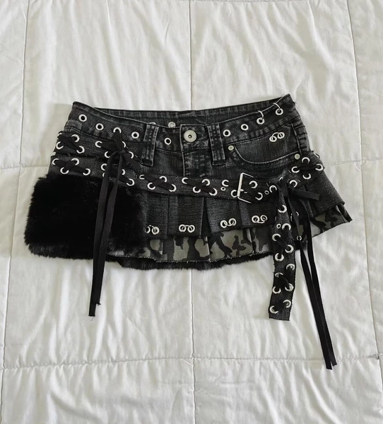 Mini black denim skirt with fur trim and buckle details #goth #punk #gothic #whimsygoth
