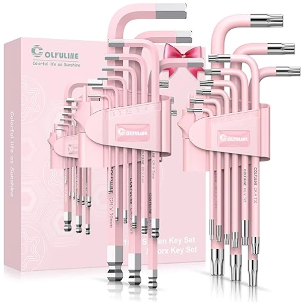 COLFULINE 18PCS PINK Allen Wrench Set, Metric Ball End Allen Key & Torx Key Set, Cr-V Star Hex Key Set for Women, Size T10-T50 & 1.5-10mm with Size-marked for Best Gifts and Home Repair - 18PCS Allen Key - Pink
