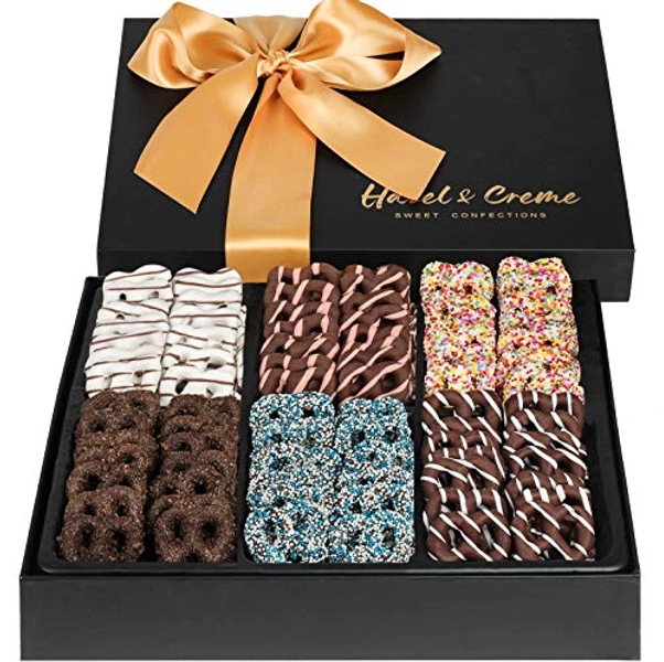 Chocolate Pretzel Gift Basket - Birthday Gift Box - Vegan Dark Chocolate Gift Box - Chocolate Covered Pretzels - Gourmet Food Arrangement