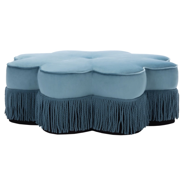 Fringed Velvet Ottoman in Blue