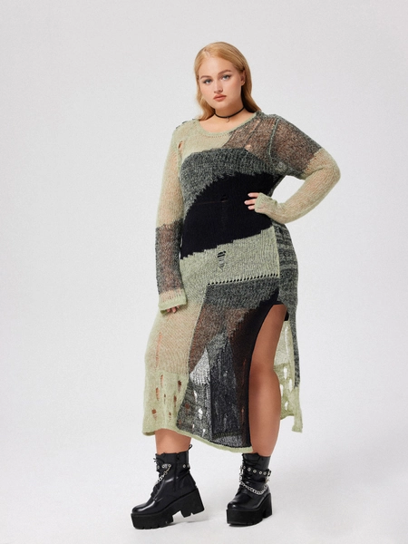 Knit Fabric Wool-blend Patchwork Knit Ripped Midi Dress Curve & Plus