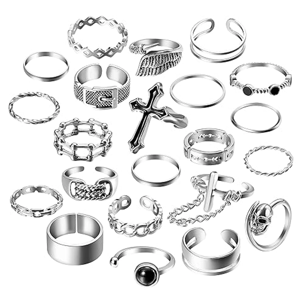 PANTIDE Vintage Punk Rings Set Gothic Knuckle Midi Rings Adjustable Alloy Chain Belt Cross Stackable Finger Half Open Rings Fashion Joint Jewelry for Women Men (Silver) 22Pcs, Metal