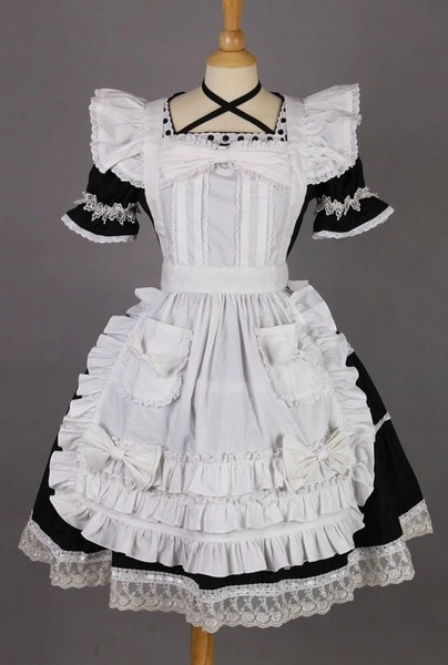 Short Sleeves Lace Trim Cotton Cosplay Maid Costume