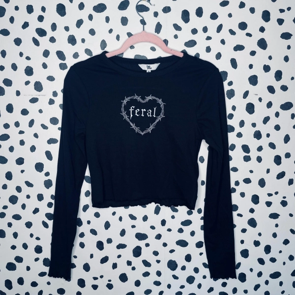 Goth Embroidered Lettuce Hem Crop Tops - Various Text, Long and Short Sleeve