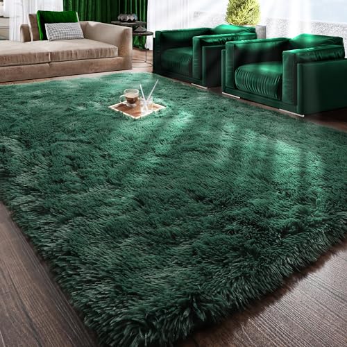 RUGTUDER Dark Green Area Rug for Bedroom, 4x6 Fluffy Fuzzy Shag Carpet for Living Room, Furry Big Rugs for Girls Boys Kids Baby Room,Plush Indoor Floor Rug for Teen Dorm Home Decor Aesthetic Nursery - 4x6 Feet - Dark Green
