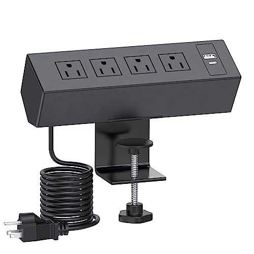 Desk Power Bar, Haylink 4 AC Outlets Desk Clamp Power Strip with USB C, Desk Mount Power Strip Connect 9.84FT Extension Cord for Home Office, Black - 4AC2USB-Black