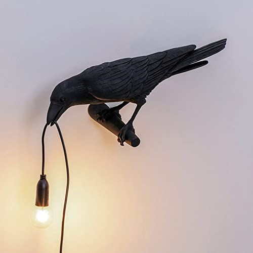 KWOKING Artistic Resin Crow Light 1 Light Plug in Wall Lamp Fun Wall Light Fixtures Bedside Raven Lamps in Black(Right) - Right
