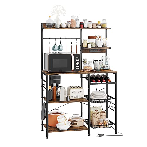 Vermess Large Bakers Rack with Power Outlets,6-Tier Microwave Stand,Kitchen Shelf with Wire Basket, Rustic Brown - With Power Outlets - Rustic Brown