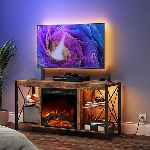 HOOBRO Fireplace TV Stand with Led Lights and Power Outlets, Wooden Media Entertainment Center Console Table with Glass Shelves, Fireplace TV Console for TVs up to 55", Rustic Brown BF120UDDS01 - 120 x 40 x 60 cm