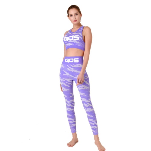 Purple Camouflage QOS Brand - 2 Piece Yoga Seamless Tight-fitting Workout Outfit | Large