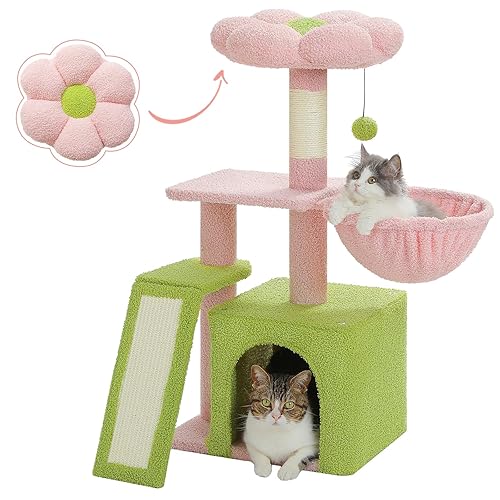 PETEPELA Flower Cat Tree for Indoor Cats, 32'' Small Cat Tower Cat Condo with Sisal Scratching Ramp, Cozy Hammock and Removable Flower Bed Perch for Kittens, Pink - Scratching Tree - Pink