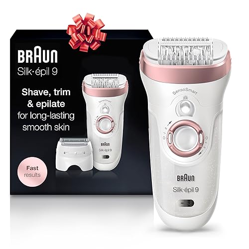 Braun Epilator Silk-épil 9 9-720, Hair Removal Device, Epilator for Women, Wet/Dry, Waterproof, 3-in-1 Epilate, Shave, or Trim, Salon-Like Smooth Skin, Womens Shaver & Trimmer, Cordless, Rechargeable - White - 1 Count (Pack of 1)
