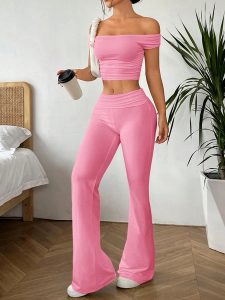 SHEIN EZwear 2 Piece Set For Women: Off-Shoulder Ruched Top And High-Waisted Fashion Flare Pants