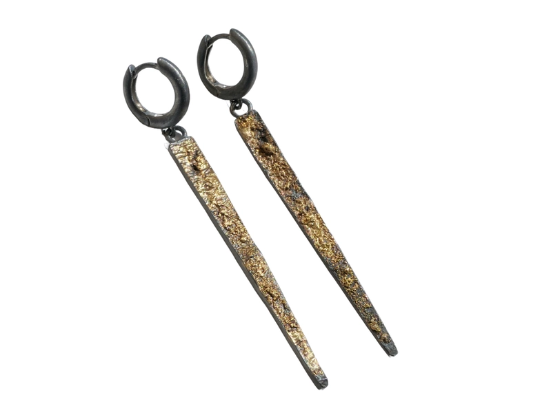 long dangle earrings black silver 18k gold, molten gold spike earrings, black dagger earrings, dangle huggie earrings, unique gift for her