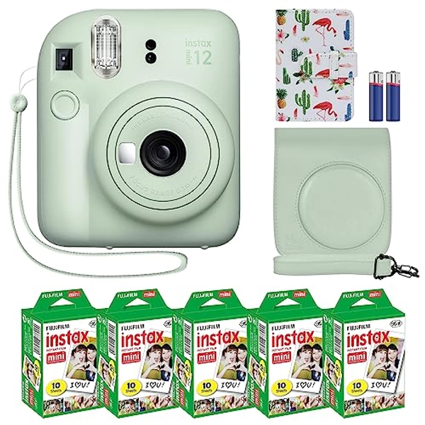 Fujifilm Instax Mini 12 Instant Camera + MiniMate Accessory Bundle & Compatible Custom Case + Fuji Instax Film Value Pack (50 Sheets) Flamingo Designer Photo Album (Mint Green)