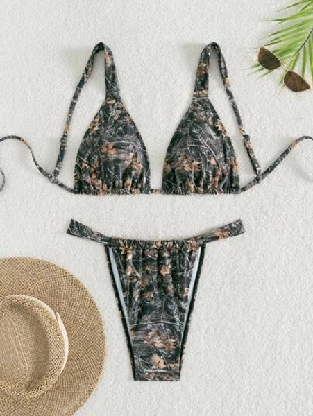 Swim Vcay Summer Beach Vacation 3pcs/Set Women Camouflage Printed Random Triangle String Bikini With Wide Strap