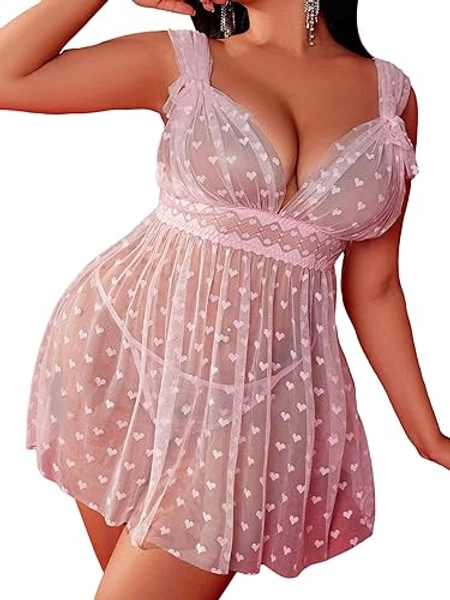 SOLY HUX Women's Plus Size Lingerie Mesh Sheer Heart Print Babydoll Sleepwear Chemise with Thong