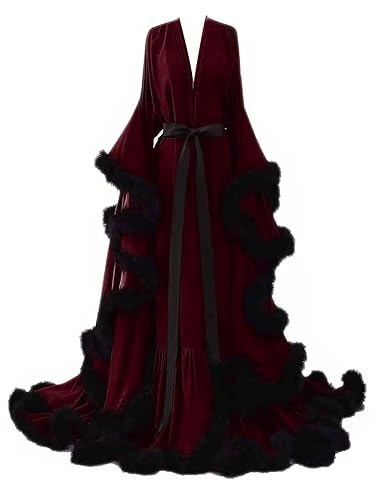 yinyyinhs Womens Sexy Feather Bridal Robes Silk Satin Long Nightgown Bathrobe Sleepwear Maternity Robe for Photoshoot - Large-X-Large - Burgundy-black