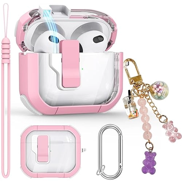 Clear Case for AirPods 3 Gen Case 2021, Secure Lock Case for Apple Airpod 3rd Generation Case Cover with Silicone Wrist Strap Cute Candy Keychain for Women,Pink