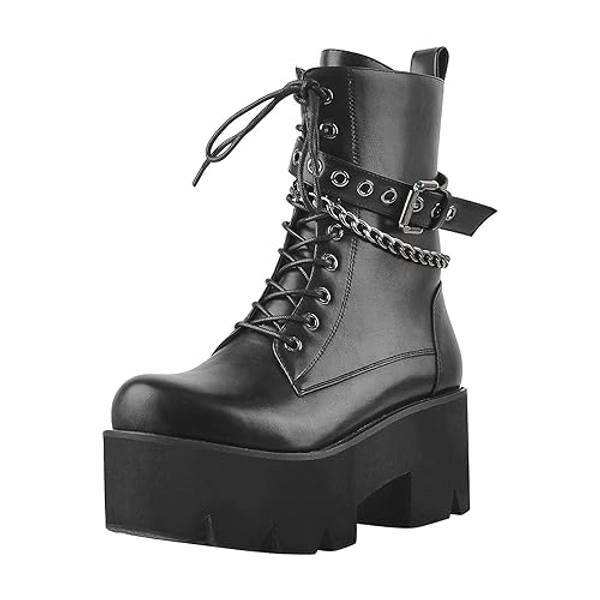 LISHAN Women's Zip Up Ankle Buckles Lace Up Platform Short Boots