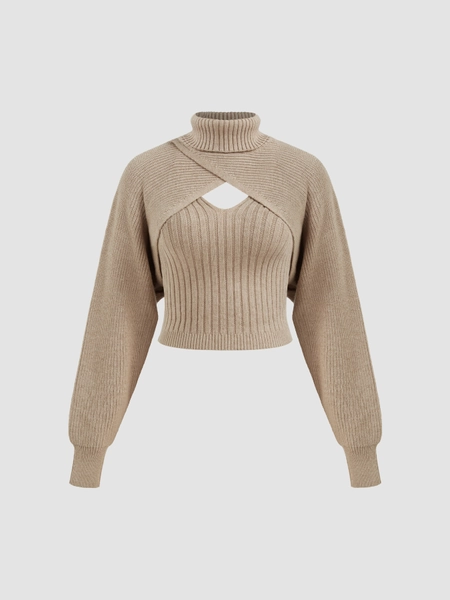 Knit High Neck Wrap Shrug & Cami Top