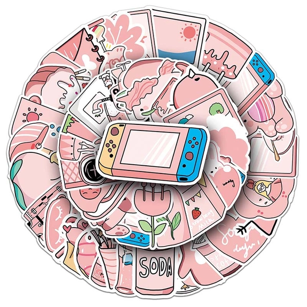 50PCS Pink Stickers Waterproof Kawaii Pink Aesthetics Art Sticker Set