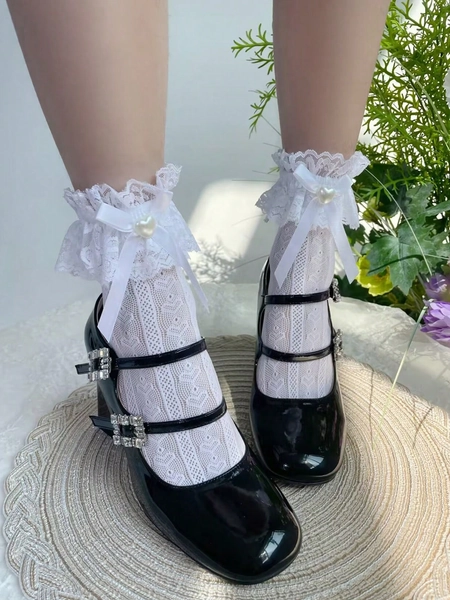 1 Pair Women's Calf Socks With Lace, Bowknot, Pearl Embellishment, Cute Lolita Style, Mid-Calf Length, One Size, College Style