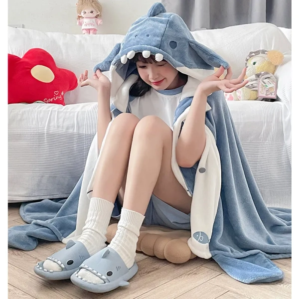 Cartoon Shark Plush Wearable Hooded Blanket
