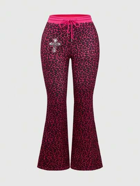 ROMWE Grunge Punk Plus Size Women Y2K Street Fashion Casual Cross Rhinestones Leopard Print Drawstring Waist Skinny Flare Pants Women Plus Clothing Pants
