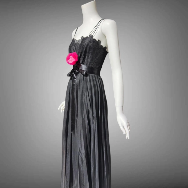 vintage nightgown slip dress, VANITY FAIR, 1950s Black sheer chiffon full pleated night dress, rosette Grecian goddess gown, 36 bust