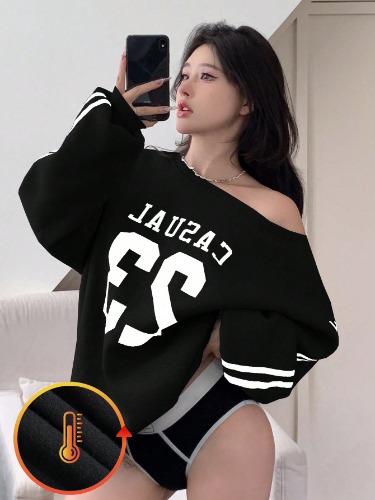 DAZY Sudadera con capucha forrada térmicamente para mujeres con estampado de letras, parches de color contrastado y ribetes