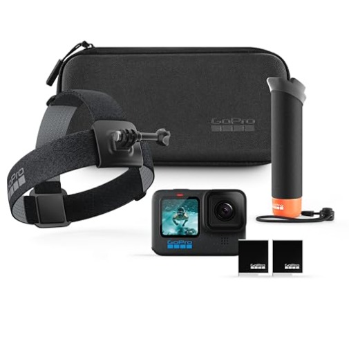 GoPro HERO12 Accessory Bundle - Includes HERO12 Black Camera, The Handler (Floating Hand Grip), Head Strap 2.0, Enduro Rechargeable Battery (2 Total), and Carrying Case - H12 Accessory Bundle
