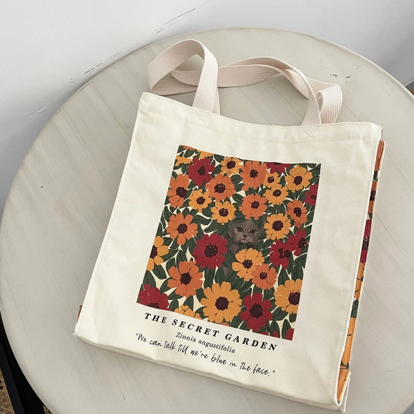 Secret Garden Tote Bag｜Kitty Floral Canvas Bag｜Cute Cat Canvas Handbag｜Summer Beach Shoulder Bag｜Reusable Handbag｜mommy bag｜Gift For Her
