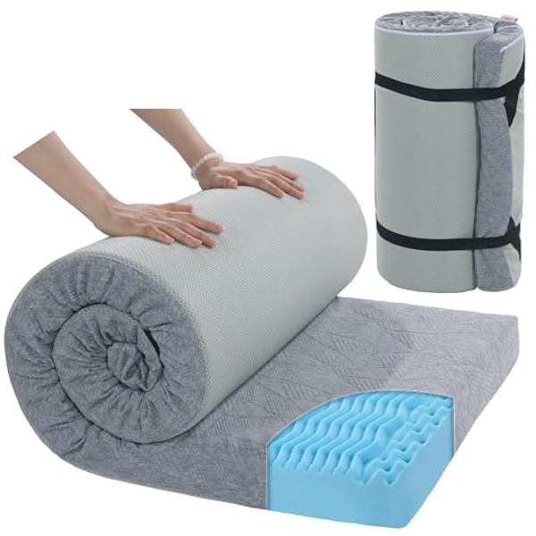 HOMBYS Memory Foam Camping Mattress for Outdoor Sleeping, Roll Up Porable Camping Mattress Pad Mat with Knitted Cover for Travel Truck Bed Tent