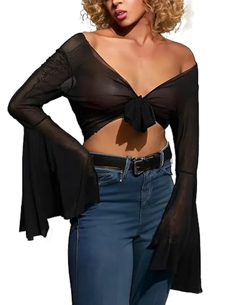 Rave Bell Mesh Crop Top for Women - EDC Festival Long Sleeve Tie Front Sheer Shirt Ruffle Fairycore Blouse Outfits - X-Large - Black