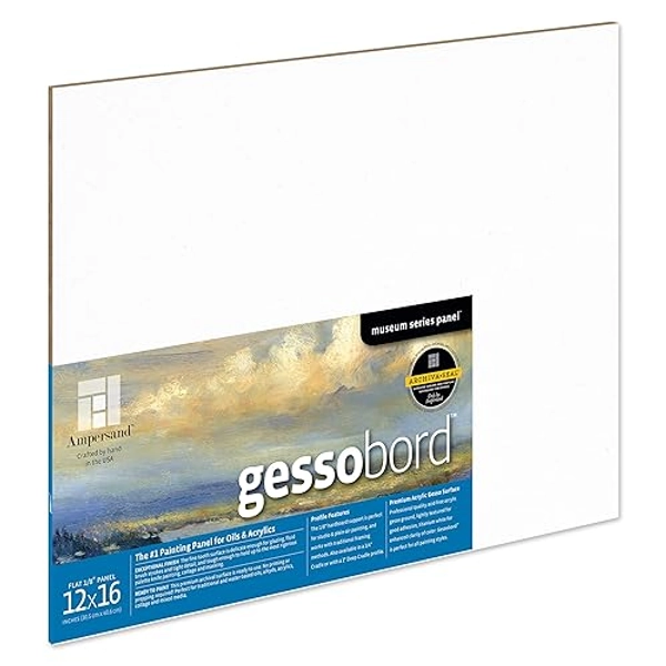 Ampersand Art Supply Gesso Wood Painting Panel: Museum Series Gessobord, 12" x 16", 1/8" Flat Profile