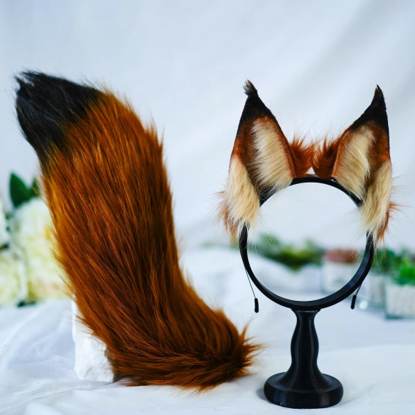 Yellow Brown Fox Ears and Tail Set,Custom Furry Cosplay Set for Convention and Christmas Halloween,Animal Costume Accessory, pet play