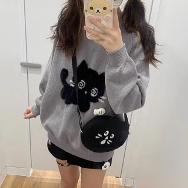 Long-Sleeve Crew Neck Cat Embroidered Sweater