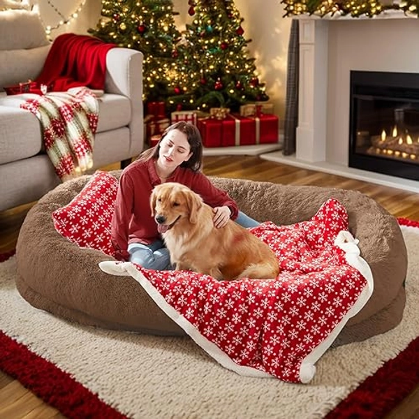 Human Dog Bed, 71''x45''x12'' Size Fits You and Pets, Washable Faux Fur Dog Bed for People Doze Off, Christmas Napping Orthopedic Dog Bed, Present Plump Pillow, Blanket, Strap - Brown