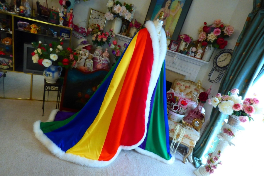 LGBTQ-Pride Wedding Cape Reversible Rainbow/ White Satin V-Neck Cloak 54/75-inch Royal Train Vertical-striped with Fur Trim Handmade in USA