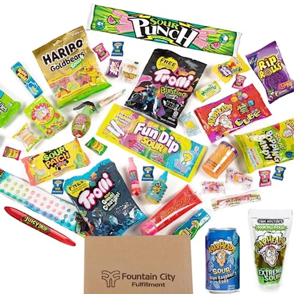 Fountain City Fulfillment 20 Pieces Sour Candy Variety Pack - Unique Mystery Box With 12oz Warheads-Flavored Soda - Assorted Treats For Halloween, Christmas, Birthdays & Easter Gift Basket - Bulk Pack