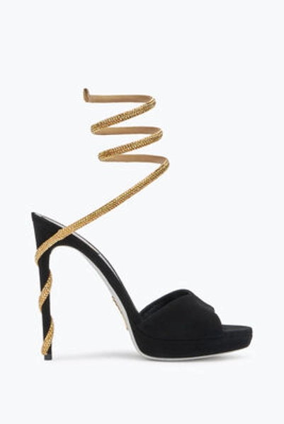 Jeweled Margot Black Suede And Gold Platform Sandal 120 | Rene Caovilla®